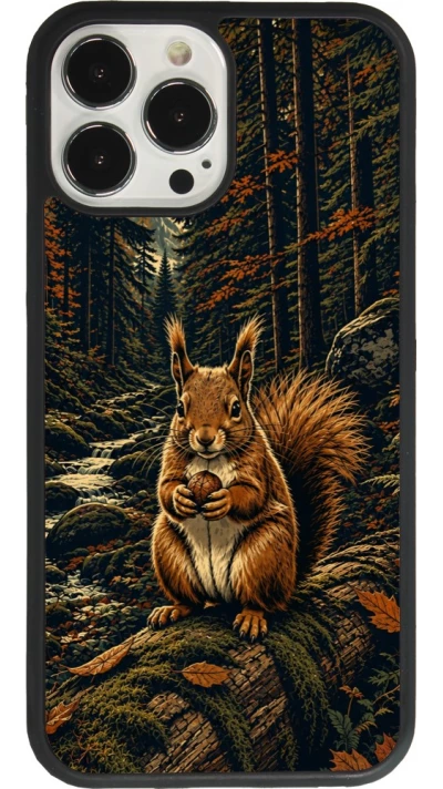 Coque iPhone 13 Pro Max - Silicone rigide noir Linocut Ecureuil