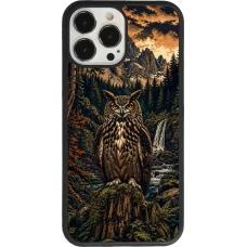 Coque iPhone 13 Pro Max - Silicone rigide noir Linocut Grand-Duc