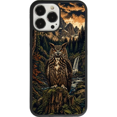 Coque iPhone 13 Pro Max - Silicone rigide noir Linocut Grand-Duc