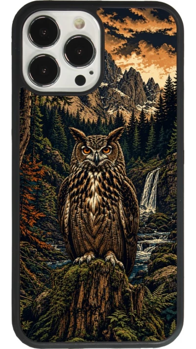 Coque iPhone 13 Pro Max - Silicone rigide noir Linocut Grand-Duc