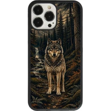 Coque iPhone 13 Pro Max - Silicone rigide noir Linocut Loup