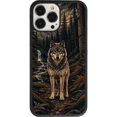 Coque iPhone 13 Pro Max - Silicone rigide noir Linocut Loup
