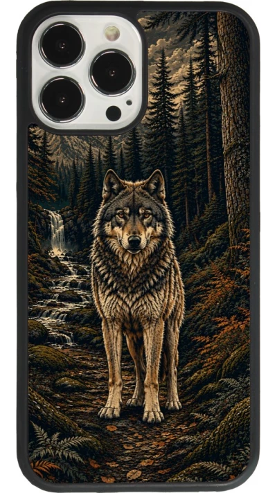 Coque iPhone 13 Pro Max - Silicone rigide noir Linocut Loup