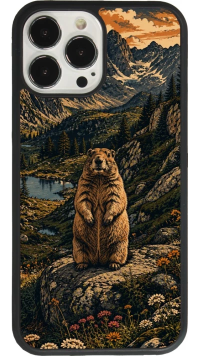Coque iPhone 13 Pro Max - Silicone rigide noir Linocut Marmotte
