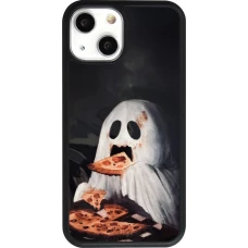 Coque iPhone 13 mini - Silicone rigide noir Halloween 2026 Ghost eating pizza