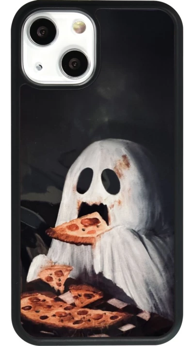 Coque iPhone 13 mini - Silicone rigide noir Halloween 2026 Ghost eating pizza