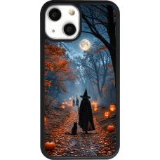 Coque iPhone 13 mini - Silicone rigide noir Halloween 2026 Witch with a cat
