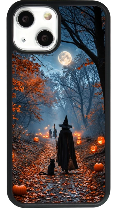 Coque iPhone 13 mini - Silicone rigide noir Halloween 2026 Witch with a cat