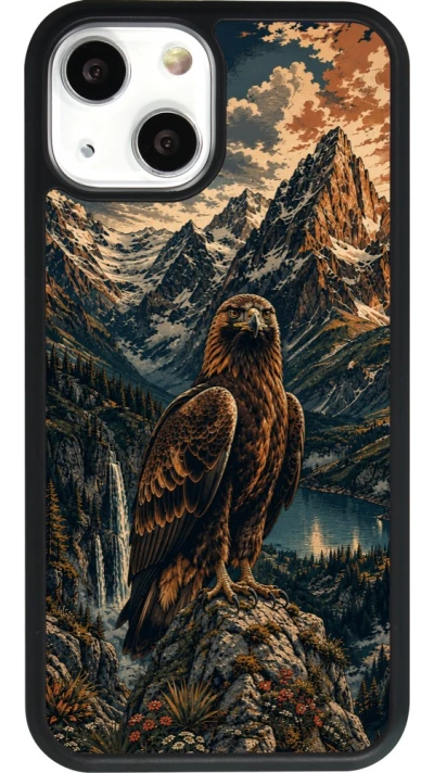 Coque iPhone 13 mini - Silicone rigide noir Linocut Aigle Royal