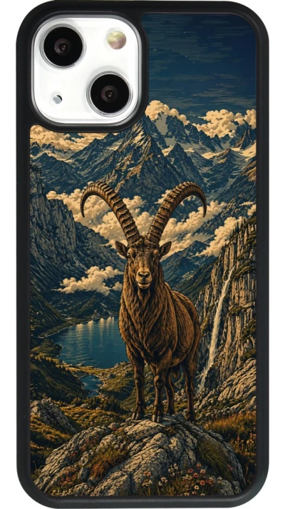 Coque iPhone 13 mini - Silicone rigide noir Linocut Bouquetin