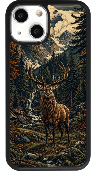 Coque iPhone 13 mini - Silicone rigide noir Linocut Cerf