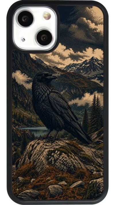 Coque iPhone 13 mini - Silicone rigide noir Linocut Grand Corbeau