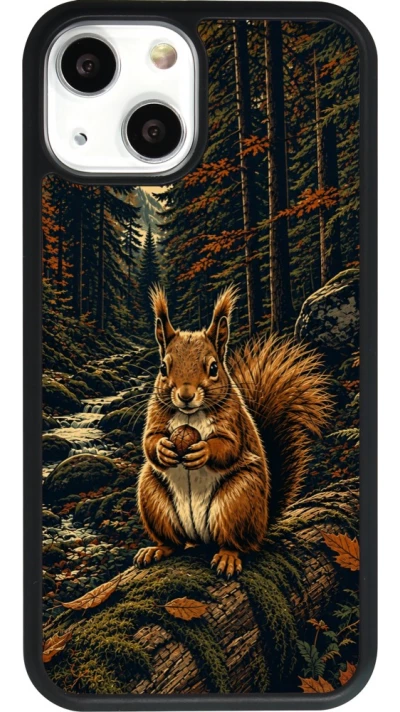 Coque iPhone 13 mini - Silicone rigide noir Linocut Ecureuil