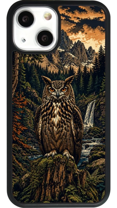 Coque iPhone 13 mini - Silicone rigide noir Linocut Grand-Duc
