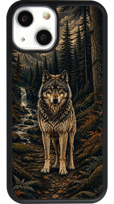 Coque iPhone 13 mini - Silicone rigide noir Linocut Loup
