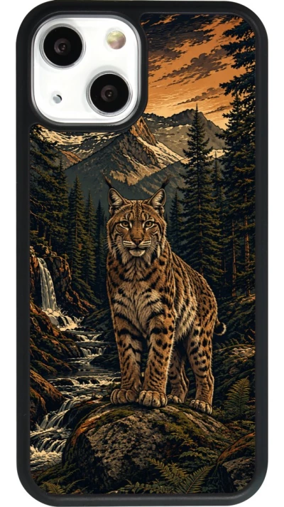 Coque iPhone 13 mini - Silicone rigide noir Linocut Lynx