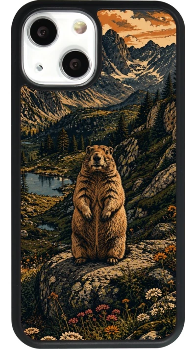 Coque iPhone 13 mini - Silicone rigide noir Linocut Marmotte