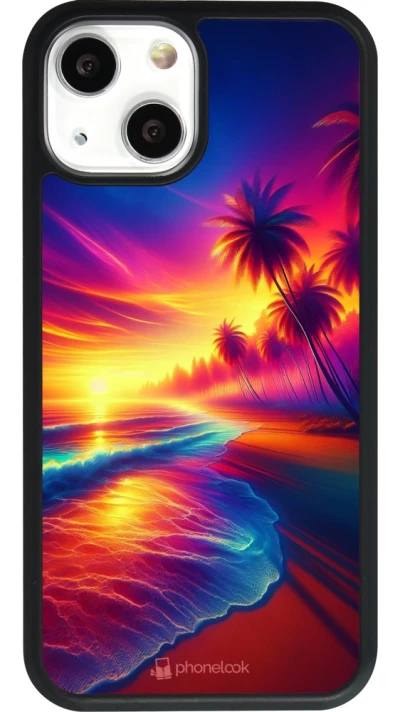 Coque iPhone 13 mini - Silicone rigide noir Plage coucher soleil flashy