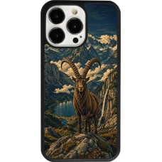 Coque iPhone 13 Pro - Silicone rigide noir Linocut Bouquetin