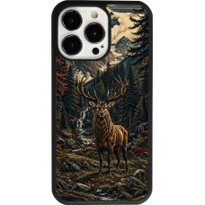Coque iPhone 13 Pro - Silicone rigide noir Linocut Cerf