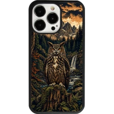 Coque iPhone 13 Pro - Silicone rigide noir Linocut Grand-Duc