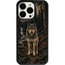 Coque iPhone 13 Pro - Silicone rigide noir Linocut Loup