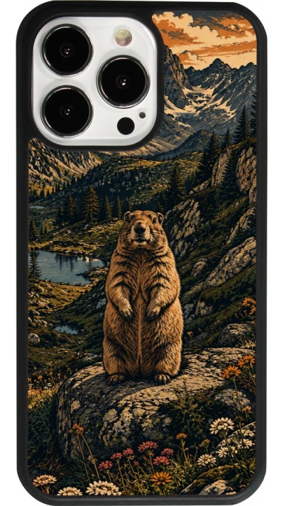 iPhone 13 Pro Case Hülle - Silikon schwarz Linocut Murmeltier