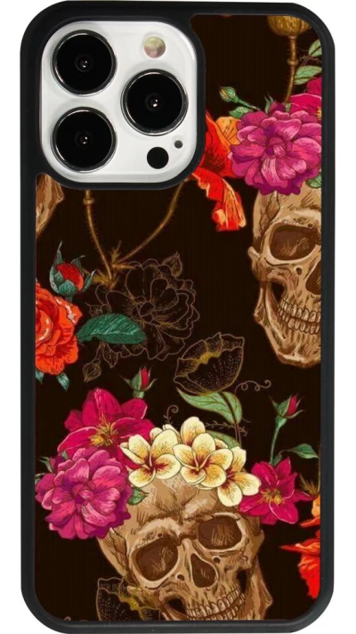 iPhone 13 Pro Case Hülle - Silikon schwarz Skulls and flowers