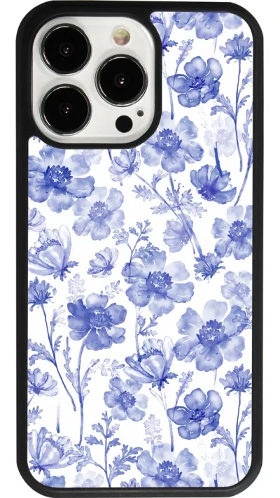 iPhone 13 Pro Case Hülle - Silikon schwarz Spring 23 watercolor blue flowers