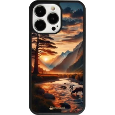 iPhone 13 Pro Case Hülle - Silikon schwarz Tal Sonnenuntergang Hirsch Baum