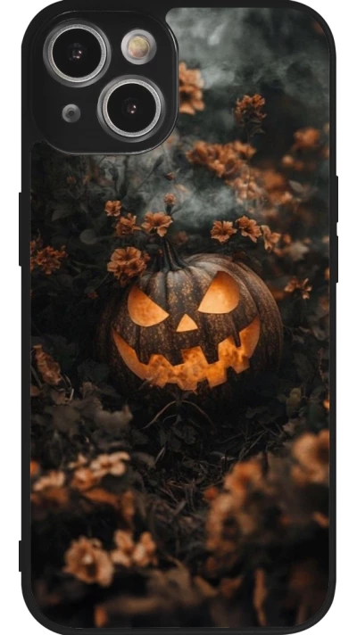 iPhone 14 Case Hülle - Silikon schwarz Halloween 2025 Pumpkin with flowers