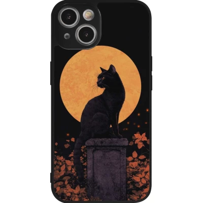 Coque iPhone 14 - Silicone rigide noir Halloween 2026 Cat Art Nouveau