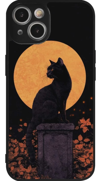 Coque iPhone 14 - Silicone rigide noir Halloween 2026 Cat Art Nouveau