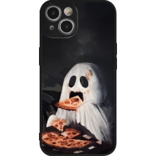 Coque iPhone 14 - Silicone rigide noir Halloween 2026 Ghost eating pizza