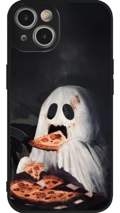 Coque iPhone 14 - Silicone rigide noir Halloween 2026 Ghost eating pizza