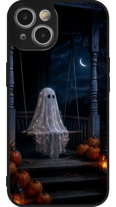 Coque iPhone 14 - Silicone rigide noir Halloween 2026 Ghost on a swing