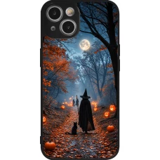 Coque iPhone 14 - Silicone rigide noir Halloween 2026 Witch with a cat