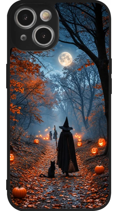 Coque iPhone 14 - Silicone rigide noir Halloween 2026 Witch with a cat