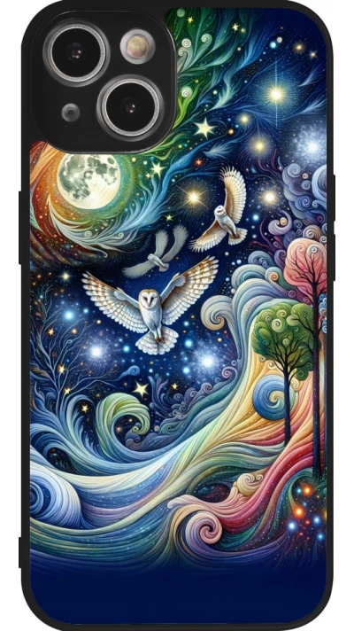 Coque iPhone 14 - Silicone rigide noir hibou volant floral