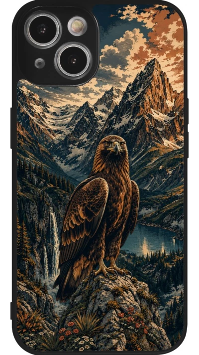Coque iPhone 14 - Silicone rigide noir Linocut Aigle Royal