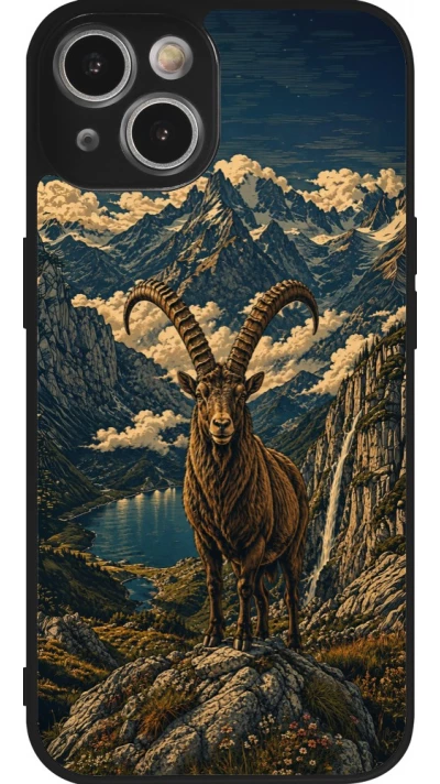Coque iPhone 14 - Silicone rigide noir Linocut Bouquetin