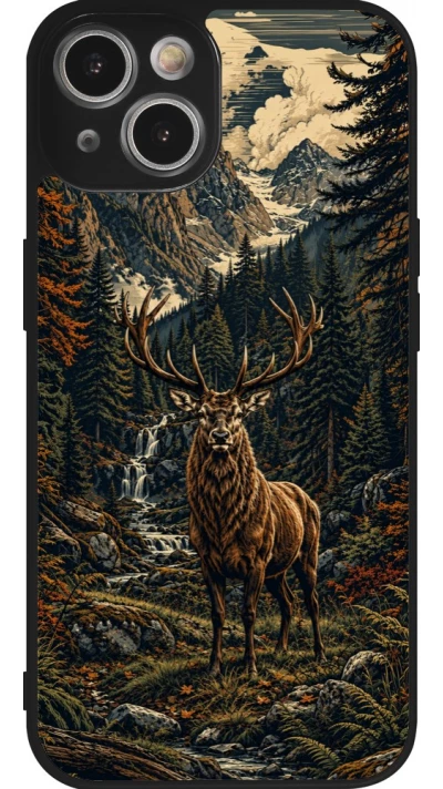 Coque iPhone 14 - Silicone rigide noir Linocut Cerf