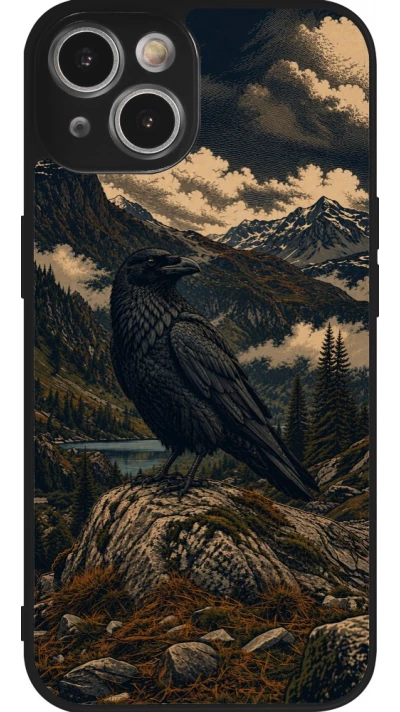 Coque iPhone 14 - Silicone rigide noir Linocut Grand Corbeau