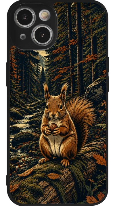 Coque iPhone 14 - Silicone rigide noir Linocut Ecureuil