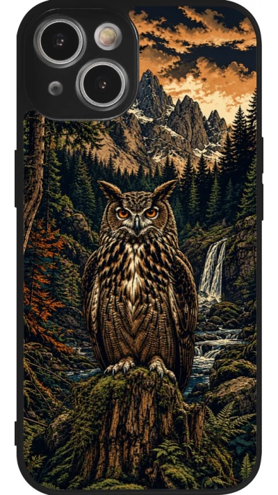Coque iPhone 14 - Silicone rigide noir Linocut Grand-Duc