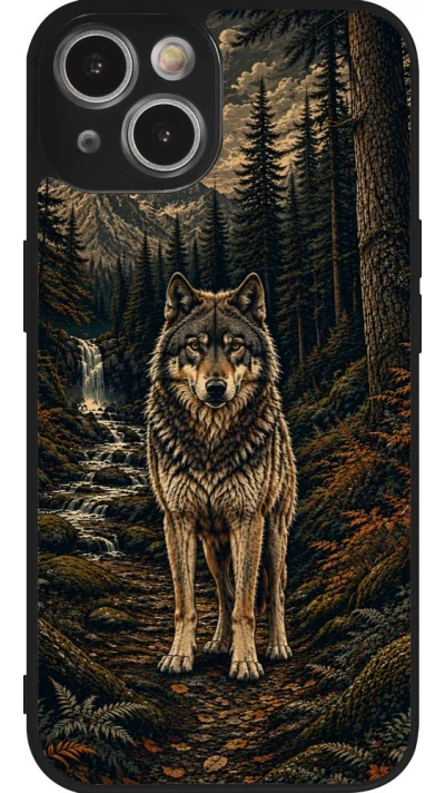 Coque iPhone 14 - Silicone rigide noir Linocut Loup