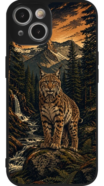 Coque iPhone 14 - Silicone rigide noir Linocut Lynx