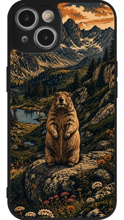 Coque iPhone 14 - Silicone rigide noir Linocut Marmotte