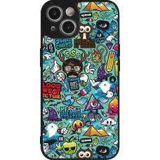 Coque iPhone 14 - Silicone rigide noir Mixed Cartoons Turquoise
