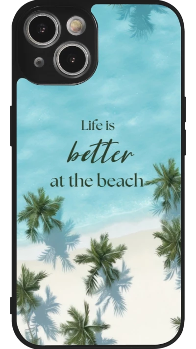 Coque iPhone 14 - Silicone rigide noir Summer 2025 Life is better at the beach